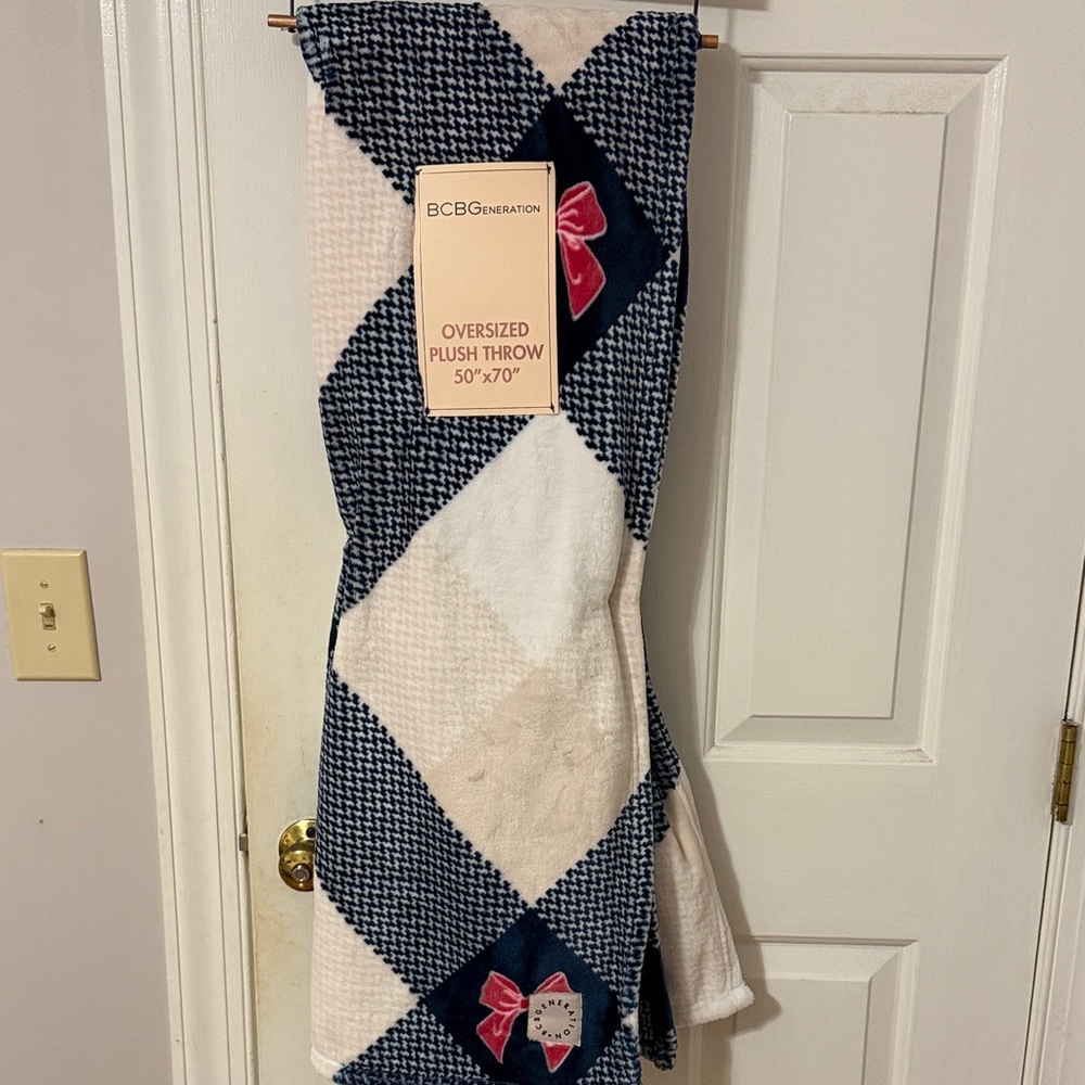 BCBGeneration Blue and Cream Plush Throw with Pink Accents